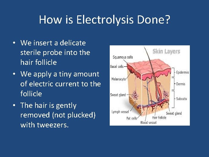 How is Electrolysis Done? • We insert a delicate sterile probe into the hair How is Electrolysis Done? • We insert a delicate sterile probe into the hair