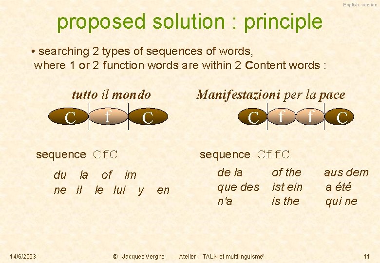 English version proposed solution : principle • searching 2 types of sequences of words,