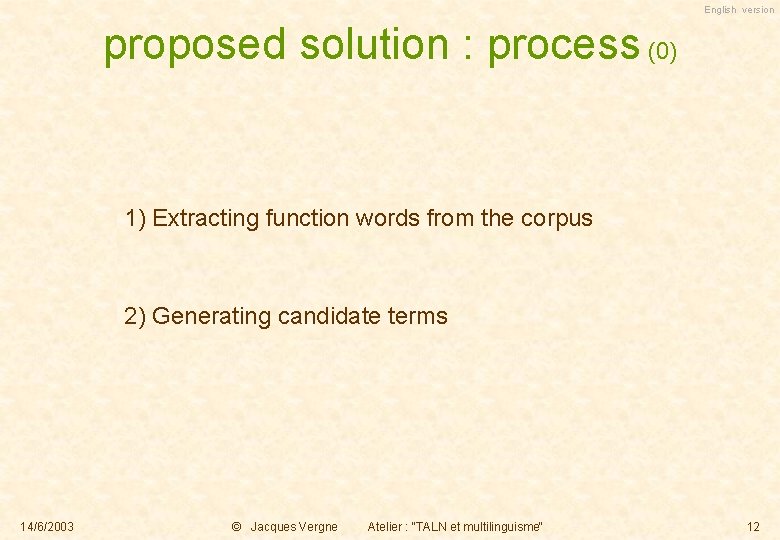 English version proposed solution : process (0) 1) Extracting function words from the corpus