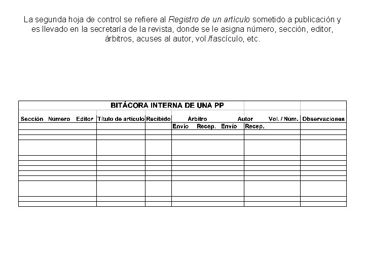 La segunda hoja de control se refiere al Registro de un artículo sometido a