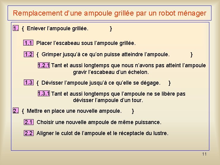 Remplacement d’une ampoule grillée par un robot ménager 1. { Enlever l’ampoule grillée. } Remplacement d’une ampoule grillée par un robot ménager 1. { Enlever l’ampoule grillée. }