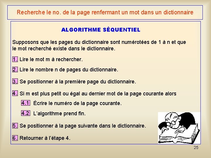 Recherche le no. de la page renfermant un mot dans un dictionnaire ALGORITHME SÉQUENTIEL Recherche le no. de la page renfermant un mot dans un dictionnaire ALGORITHME SÉQUENTIEL