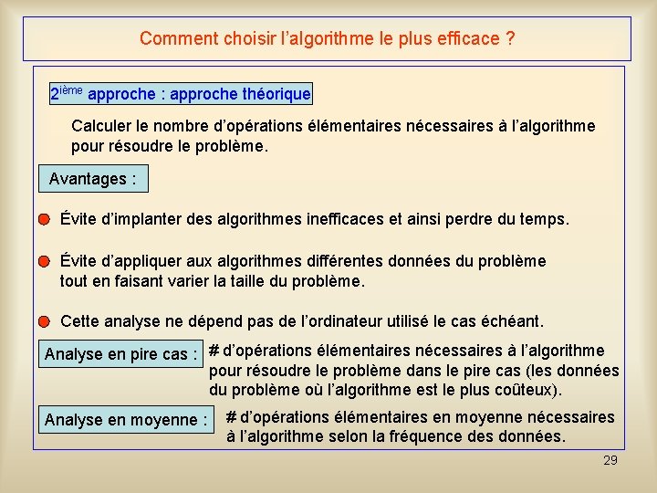 Comment choisir l’algorithme le plus efficace ? 2 ième approche : approche théorique Calculer Comment choisir l’algorithme le plus efficace ? 2 ième approche : approche théorique Calculer