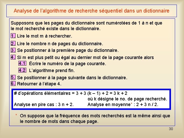 Analyse de l’algorithme de recherche séquentiel dans un dictionnaire Supposons que les pages du Analyse de l’algorithme de recherche séquentiel dans un dictionnaire Supposons que les pages du