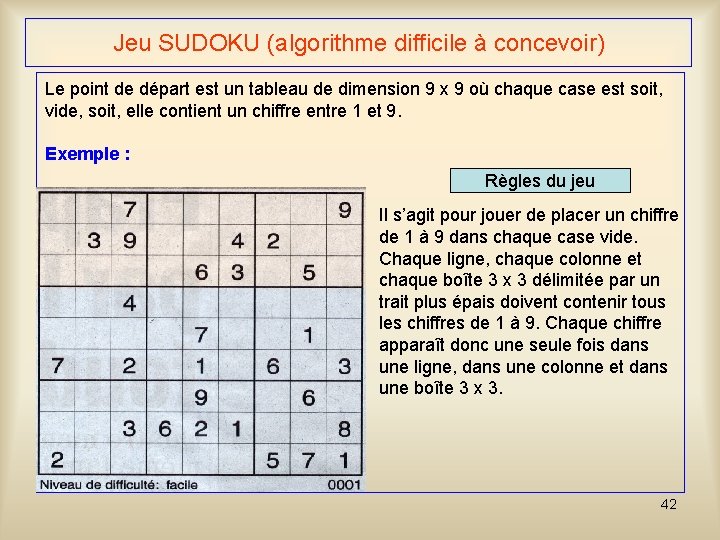 Jeu SUDOKU (algorithme difficile à concevoir) Le point de départ est un tableau de Jeu SUDOKU (algorithme difficile à concevoir) Le point de départ est un tableau de