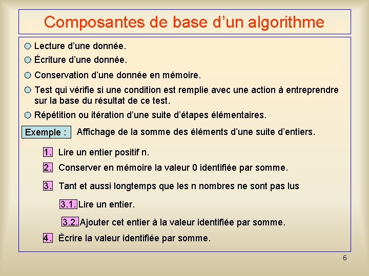 Composantes de base d’un algorithme Lecture d’une donnée. Écriture d’une donnée. Conservation d’une donnée Composantes de base d’un algorithme Lecture d’une donnée. Écriture d’une donnée. Conservation d’une donnée
