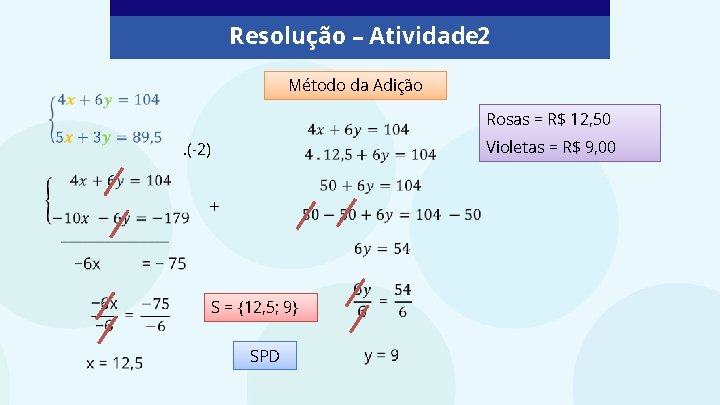 Resolução – Atividade 2 Método da Adição Rosas = R$ 12, 50 Violetas =