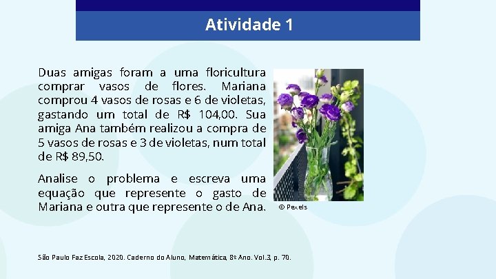 Atividade 1 Duas amigas foram a uma floricultura comprar vasos de flores. Mariana comprou