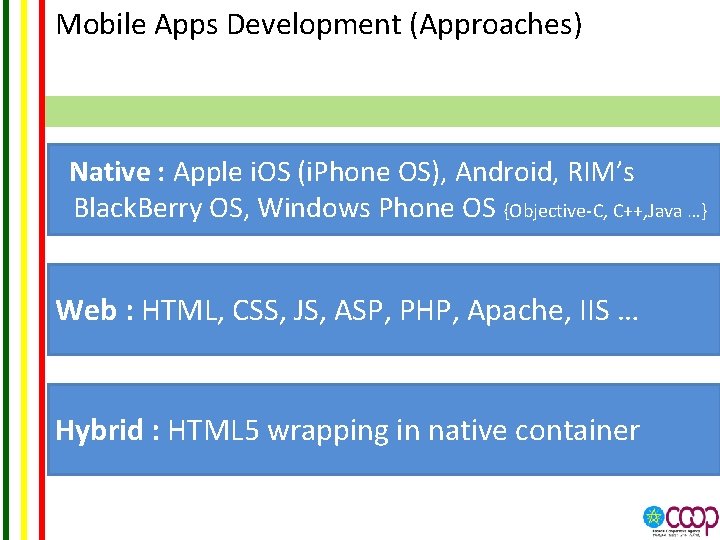 Mobile Apps Development (Approaches) Native : Apple i. OS (i. Phone OS), Android, RIM’s