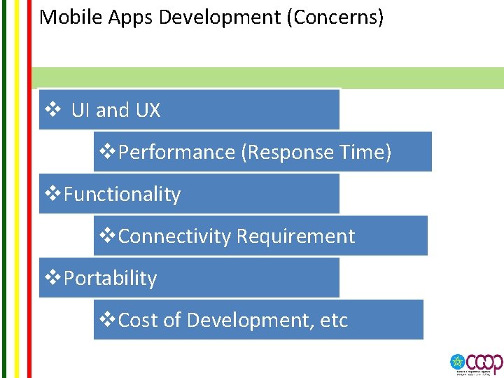 Mobile Apps Development (Concerns) v UI and UX v. Performance (Response Time) v. Functionality
