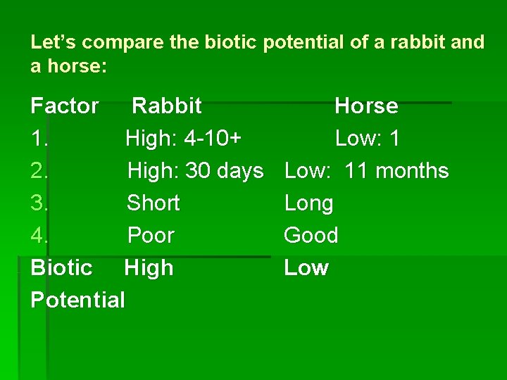 Let’s compare the biotic potential of a rabbit and a horse: Factor Rabbit 1.