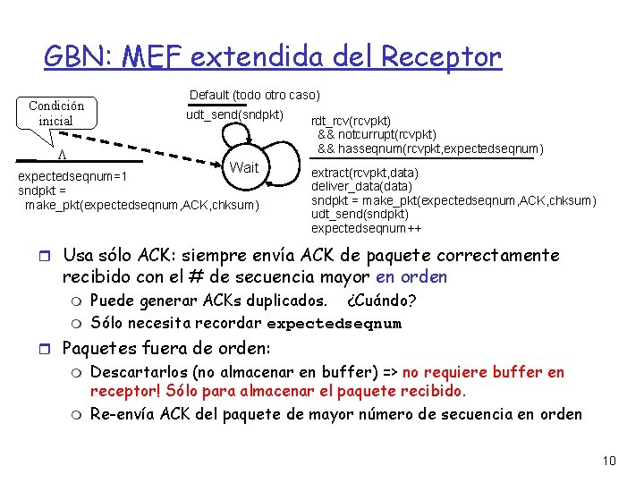 GBN: MEF extendida del Receptor Condición inicial Default (todo otro caso) udt_send(sndpkt) Wait expectedseqnum=1