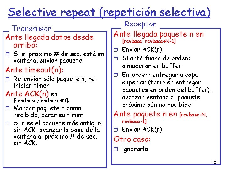 Selective repeat (repetición selectiva) Transmisor Ante llegada datos desde arriba: Si el próximo #