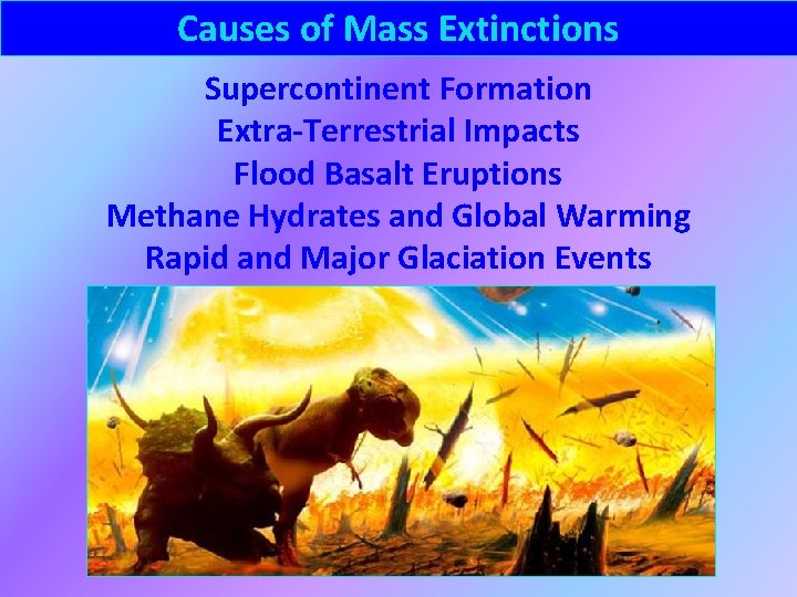 Causes of Mass Extinctions Supercontinent Formation Extra-Terrestrial Impacts Flood Basalt Eruptions Methane Hydrates and