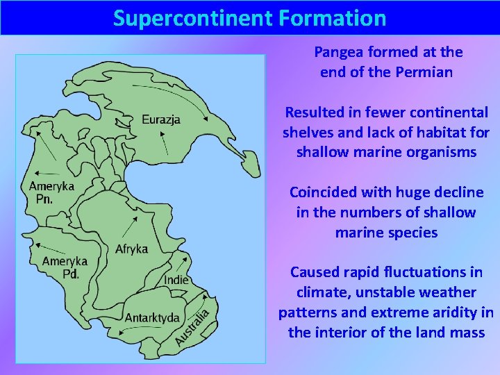 Supercontinent Formation Pangea formed at the end of the Permian Resulted in fewer continental