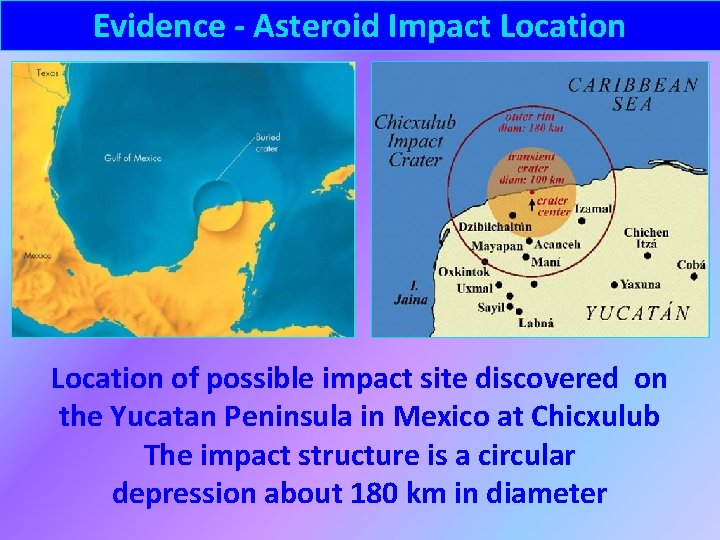 Evidence - Asteroid Impact Location of possible impact site discovered on the Yucatan Peninsula