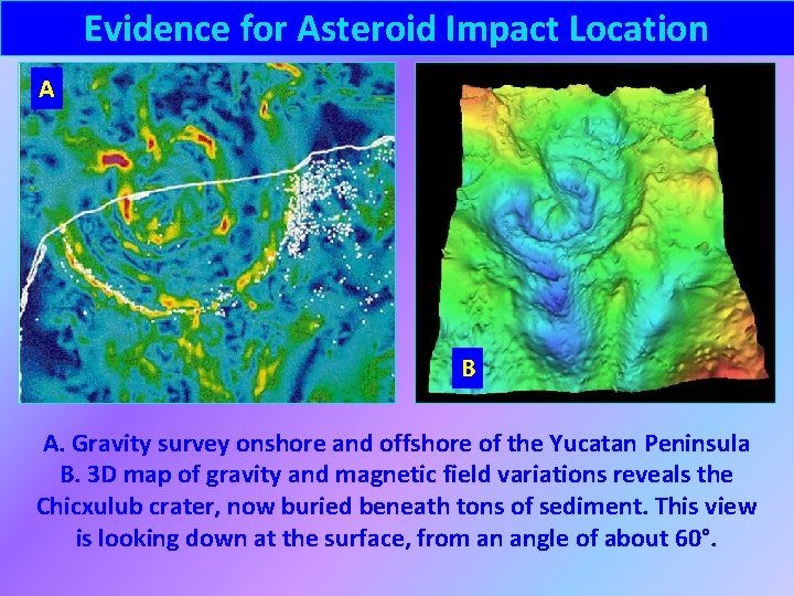 Evidence for Asteroid Impact Location A B A. Gravity survey onshore and offshore of