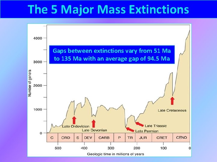 The 5 Major Mass Extinctions Gaps between extinctions vary from 51 Ma to 135