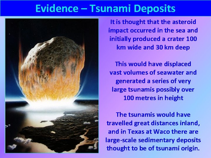 Evidence – Tsunami Deposits It is thought that the asteroid impact occurred in the
