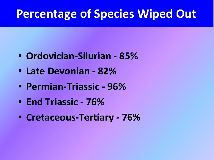 Percentage of Species Wiped Out • • • Ordovician-Silurian - 85% Late Devonian -