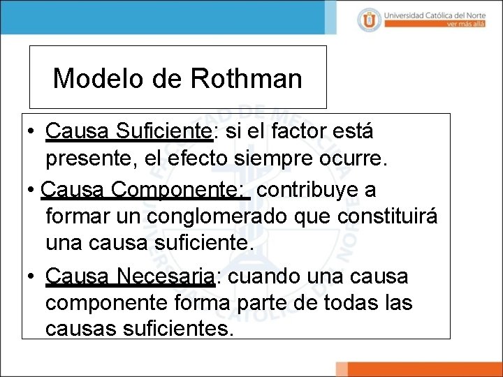 Modelo de Rothman • Causa Suficiente: si el factor está presente, el efecto siempre