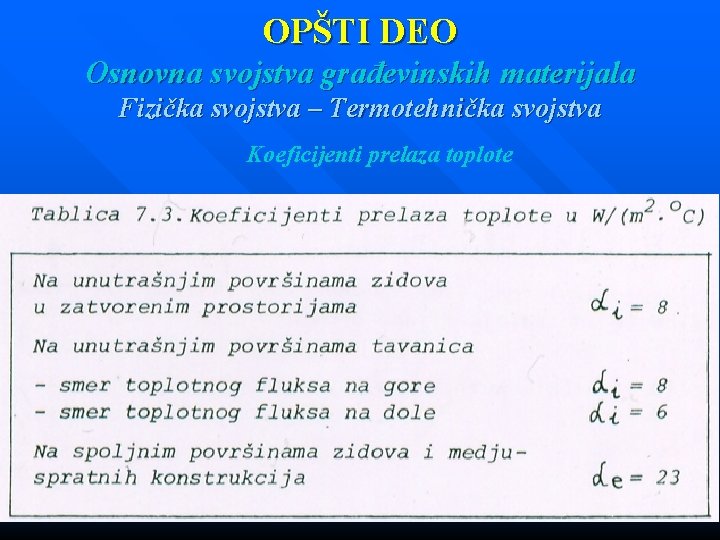 OPŠTI DEO Osnovna svojstva građevinskih materijala Fizička svojstva – Termotehnička svojstva Koeficijenti prelaza toplote