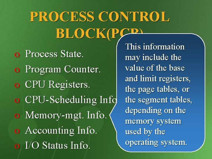 PROCESS CONTROL BLOCK(PCB) o o o o Process State. Program Counter. CPU Registers. CPU-Scheduling