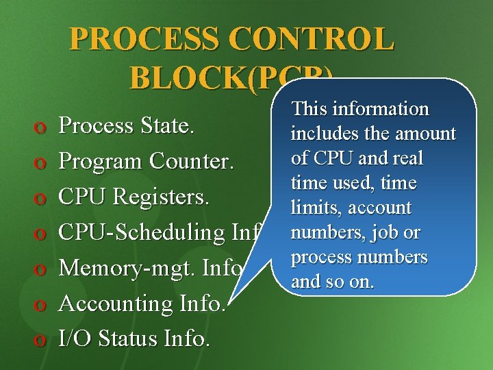 PROCESS CONTROL BLOCK(PCB) o o o o Process State. Program Counter. CPU Registers. CPU-Scheduling