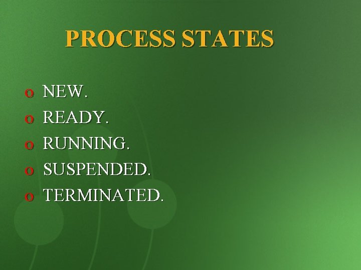 PROCESS STATES o o o NEW. READY. RUNNING. SUSPENDED. TERMINATED. 