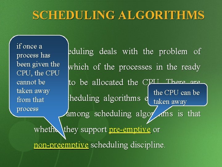 SCHEDULING ALGORITHMS if once a CPU process has scheduling deals with the problem of