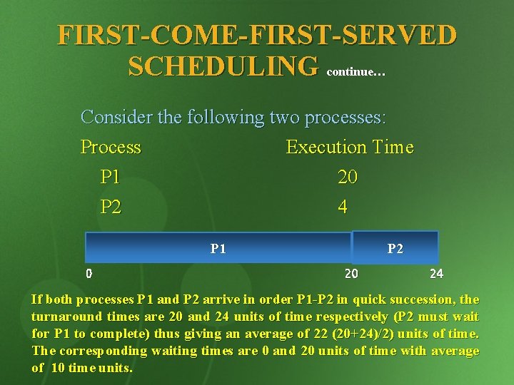 FIRST-COME-FIRST-SERVED SCHEDULING continue… Consider the following two processes: Process Execution Time P 1 P