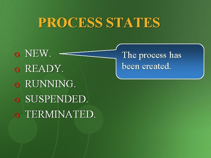 PROCESS STATES o o o NEW. READY. RUNNING. SUSPENDED. TERMINATED. The process has been