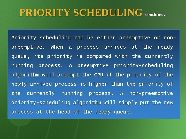 PRIORITY SCHEDULING continue… Priority scheduling can be either preemptive or nonpreemptive. When a process
