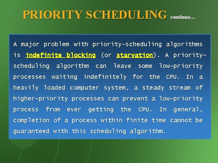 PRIORITY SCHEDULING continue… A major problem with priority-scheduling algorithms is indefinite blocking (or starvation).