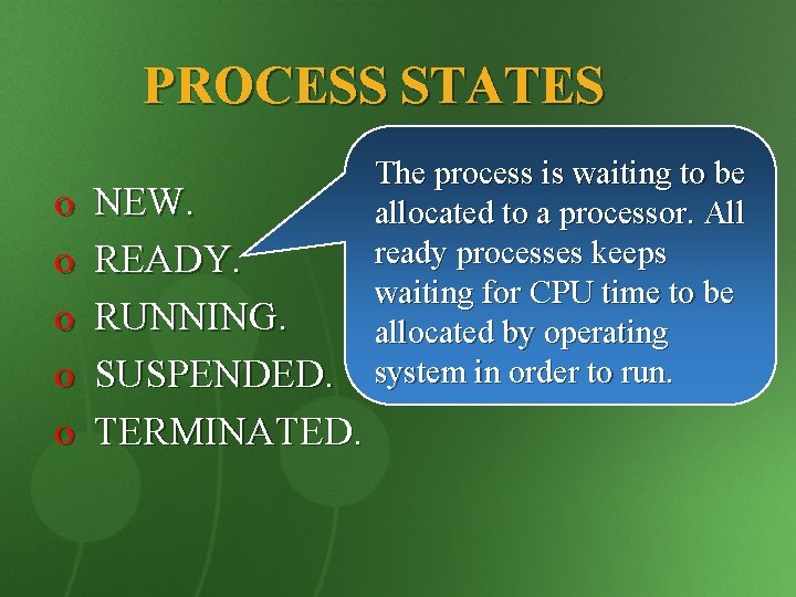 PROCESS STATES o o o NEW. READY. RUNNING. SUSPENDED. TERMINATED. The process is waiting