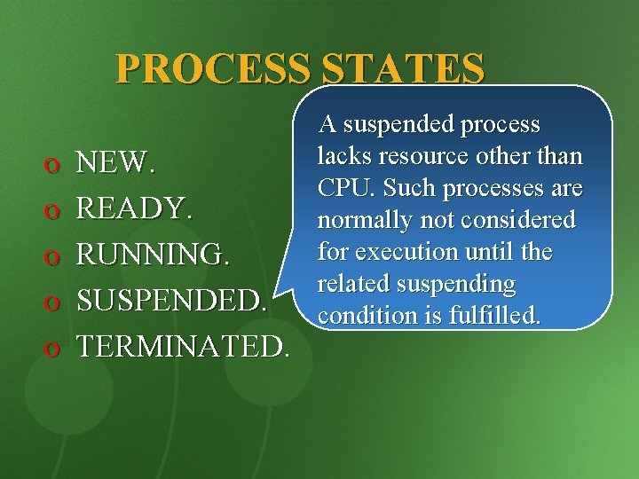 PROCESS STATES o o o NEW. READY. RUNNING. SUSPENDED. TERMINATED. A suspended process lacks