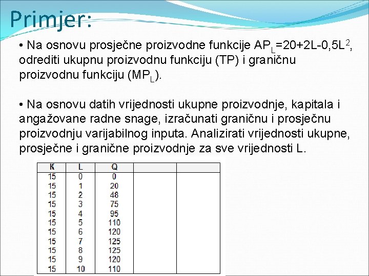 Primjer: • Na osnovu prosječne proizvodne funkcije APL=20+2 L-0, 5 L 2, odrediti ukupnu