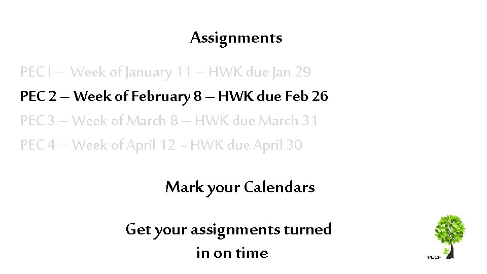 Assignments PEC I – Week of January 11 – HWK due Jan 29 PEC