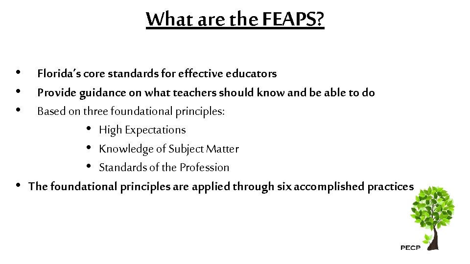 What are the FEAPS? • • • Florida’s core standards for effective educators Provide
