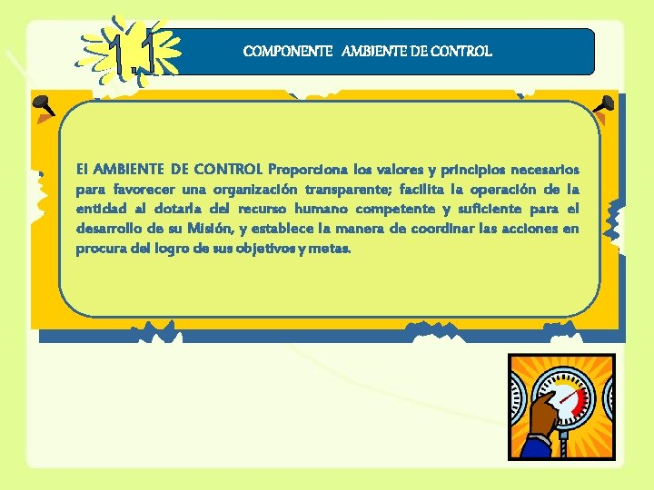 COMPONENTE AMBIENTE DE CONTROL El AMBIENTE DE CONTROL Proporciona los valores y principios necesarios