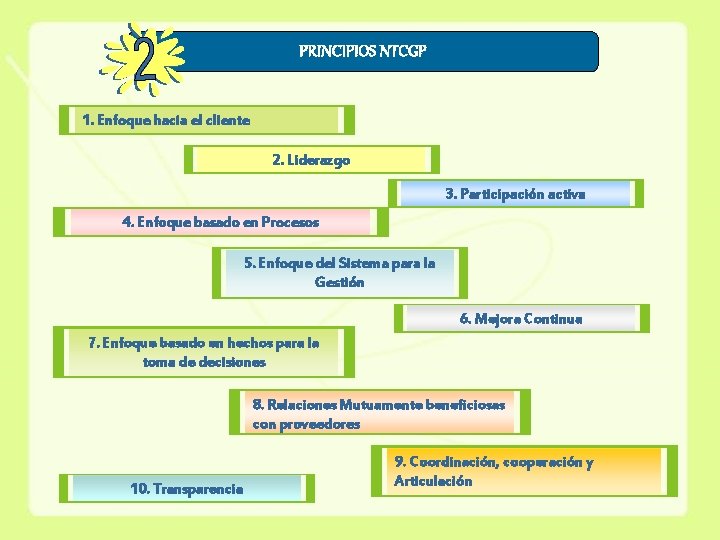 PRINCIPIOS NTCGP 1. Enfoque hacia el cliente 2. Liderazgo 3. Participación activa 4. Enfoque