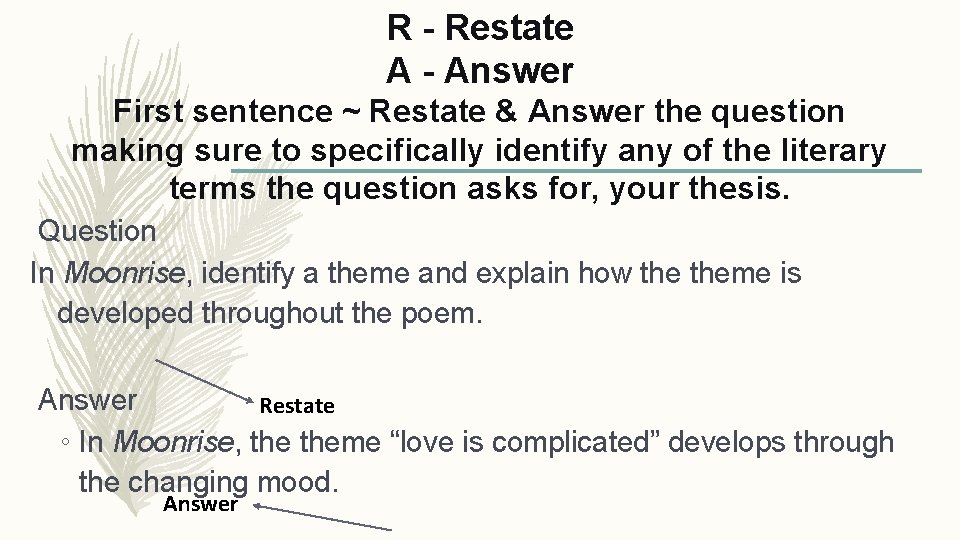 R - Restate A - Answer First sentence ~ Restate & Answer the question
