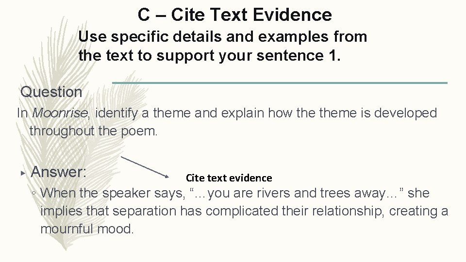 C – Cite Text Evidence Use specific details and examples from the text to