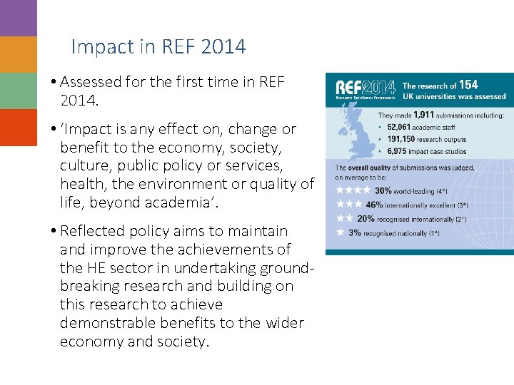Impact in REF 2014 • Assessed for the first time in REF 2014. •