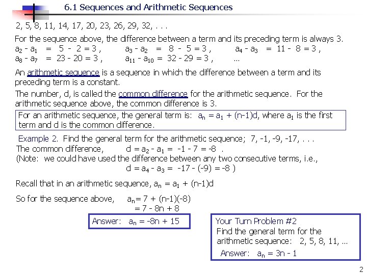 6. 1 Sequences and Arithmetic Sequences 2, 5, 8, 11, 14, 17, 20, 23,