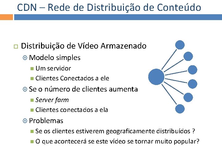 CDN – Rede de Distribuição de Conteúdo Distribuição de Vídeo Armazenado Modelo simples Um