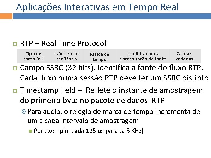 Aplicações Interativas em Tempo Real RTP – Real Time Protocol Campo SSRC (32 bits).