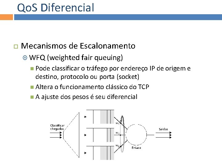 Qo. S Diferencial Mecanismos de Escalonamento WFQ (weighted fair queuing) Pode classificar o tráfego