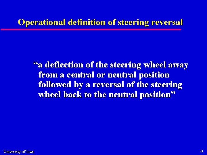 Operational definition of steering reversal “a deflection of the steering wheel away from a