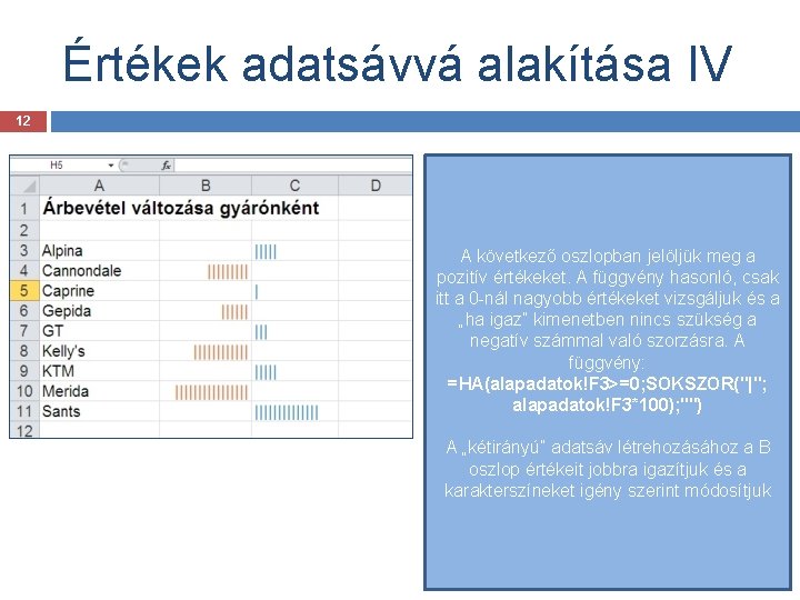 Értékek adatsávvá alakítása IV 12 A következő oszlopban jelöljük meg a pozitív értékeket. A